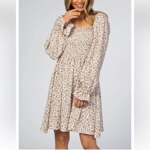 Böhme Ivory Smocked Floral Print Mini Dress Women Small Romantic Prairiecore